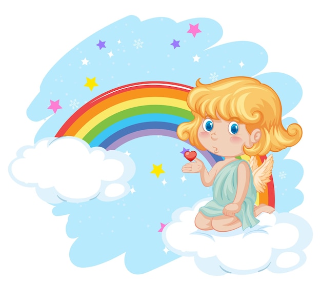 Chica ángel en la nube con arco iris