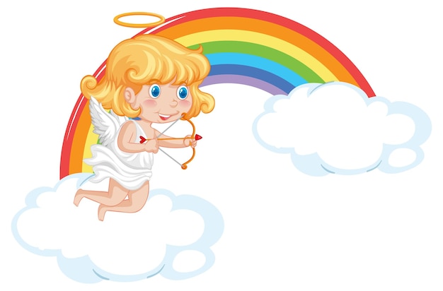 Vector gratuito chica ángel sosteniendo arco y flecha con fondo de arco iris