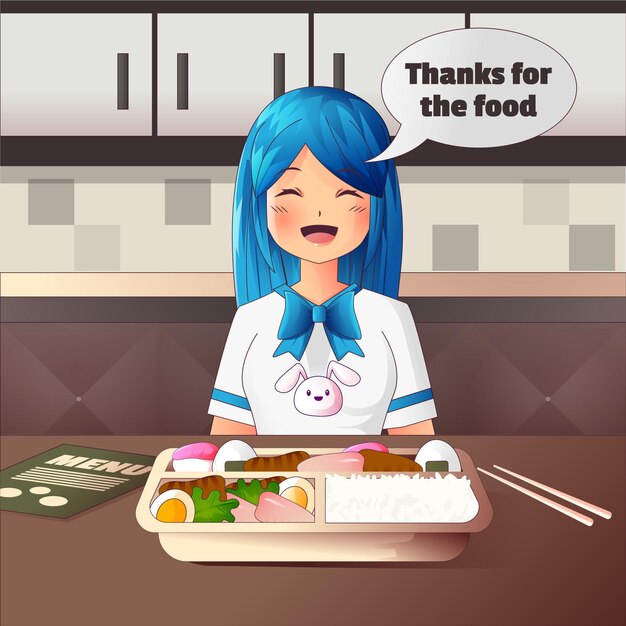 Chica anime degradado comiendo en un restaurante