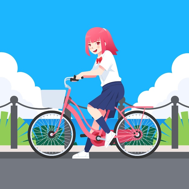 Chica anime dibujada a mano montando en bicicleta