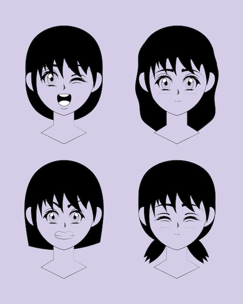 Vector gratuito chica anime enfrenta conjunto cómico