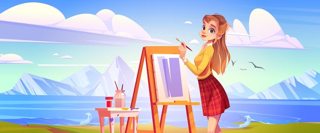 Chica artista dibujando un hermoso paisaje de montaña durante el plein air mujer joven pintora sosteniendo un cepillo frente a la pintura de caballete verano naturaleza stand en el lago con olas salpicadas ilustración vectorial de dibujos animados
