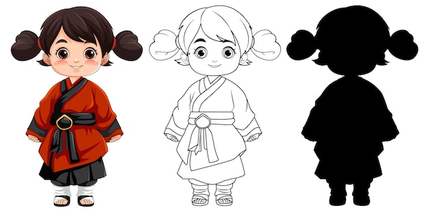 Vector gratuito chica asiática en vestido tradicional vector ilustración de dibujos animados