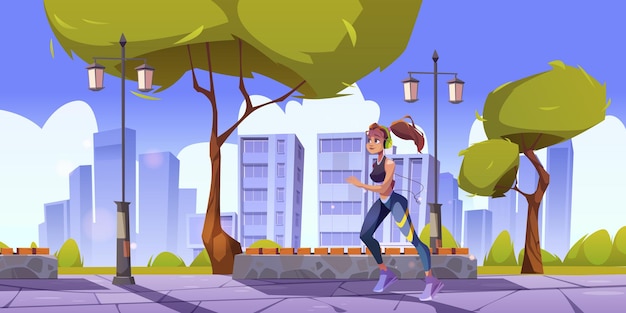 Chica en auriculares corre en el parque de la ciudad por la mañana. paisaje de verano de dibujos animados de vector de parque público con banco, árboles, linternas y corredor de la mujer. concepto de fitness al aire libre y trotar