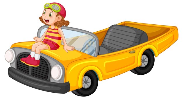 Una chica con un auto antiguo amarillo en un diseño de dibujos animados