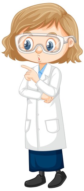 Chica en bata de ciencia sobre fondo blanco.