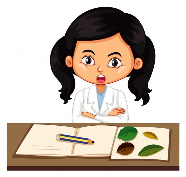 Chica en bata de ciencias aprendiendo sobre plantas