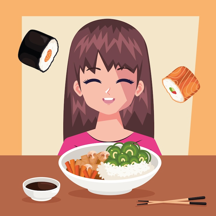 Vector gratuito chica de belleza comiendo comida japonesa