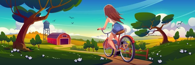 Chica en bicicleta montando tierra rural granja viaje por carretera