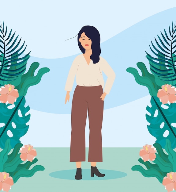 Chica con blusa y plantas ropa casual con peinado.