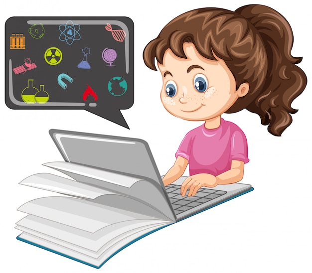 Vector gratuito chica buscando en una computadora portátil con estilo de dibujos animados de icono de educación aislado sobre fondo blanco