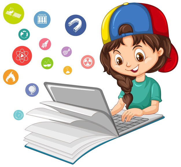 Chica buscando en la computadora portátil con el icono de educación aislado