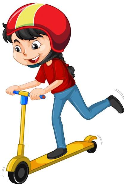 Chica en camisa roja montando en scooter en blanco