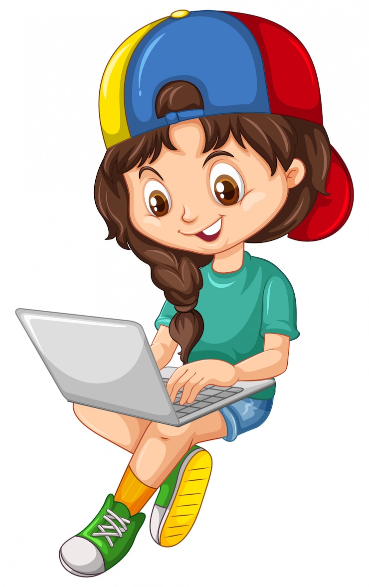 Vector gratuito chica en camisa verde con personaje de dibujos animados portátil sobre fondo blanco.