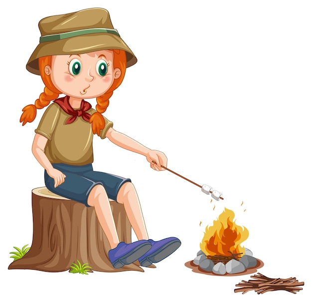 Chica de camping asando malvaviscos