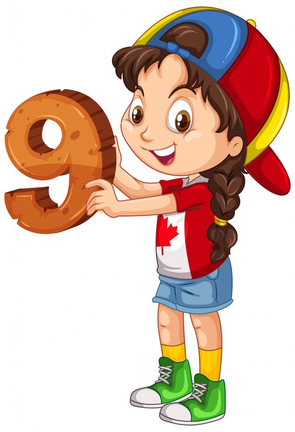Chica canadiense con gorra sosteniendo matemáticas número nueve