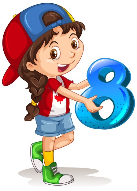 Chica canadiense con gorra sosteniendo matemáticas número ocho