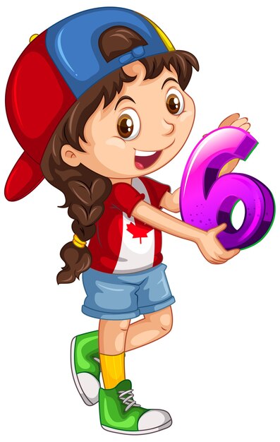 Chica canadiense con gorra sosteniendo matemáticas número seis