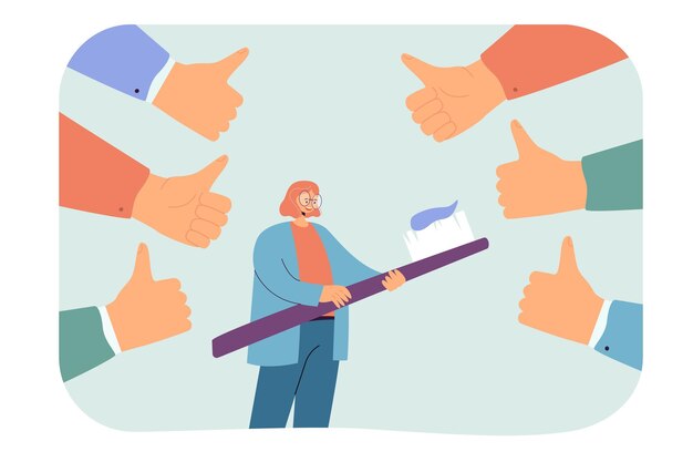Chica con cepillo de dientes rodeada de pulgares hacia arriba Mujer cuidando los dientes, obteniendo la aprobación pública ilustración vectorial plana. Salud, concepto de opinión pública para banner, diseño de sitio web o página web de inicio