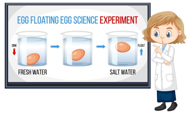 Chica científica explicando experimento de ciencia flotante de huevo