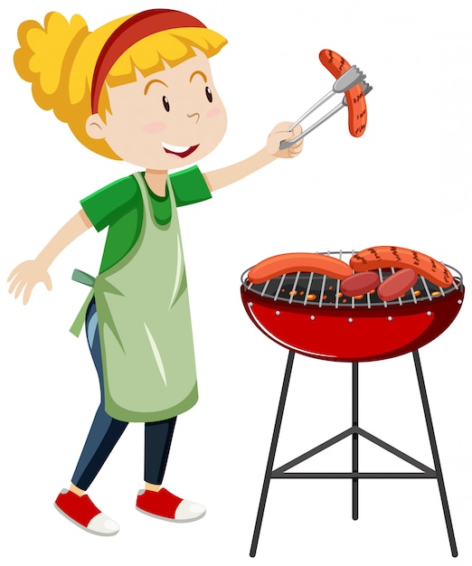 Vector gratuito chica cocinando estilo de dibujos animados de salchicha parrilla aislado sobre fondo blanco