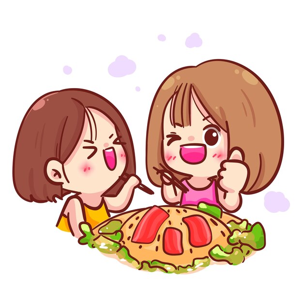 Chica comiendo Moo Kratha cerdo parrilla barbacoa coreana comida restaurante logo mano dibujar vector ilustración