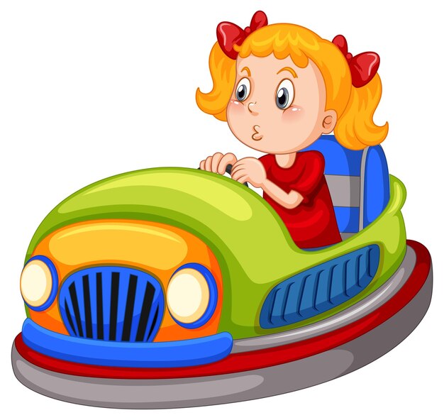 Una chica conduciendo un auto chocador sobre fondo blanco.