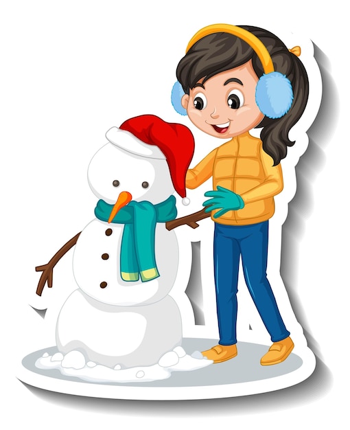 Vector gratuito chica construyendo un muñeco de nieve de dibujos animados pegatina