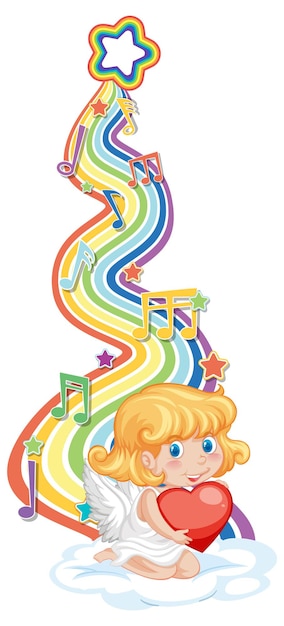 Chica de Cupido con símbolos de melodía en la onda del arco iris
