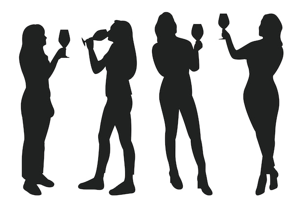 Chica dibujada a mano bebiendo silueta de vino