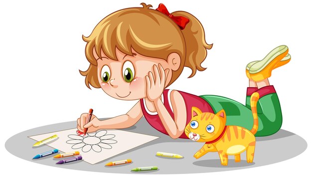 Chica dibujo flor sobre fondo blanco.