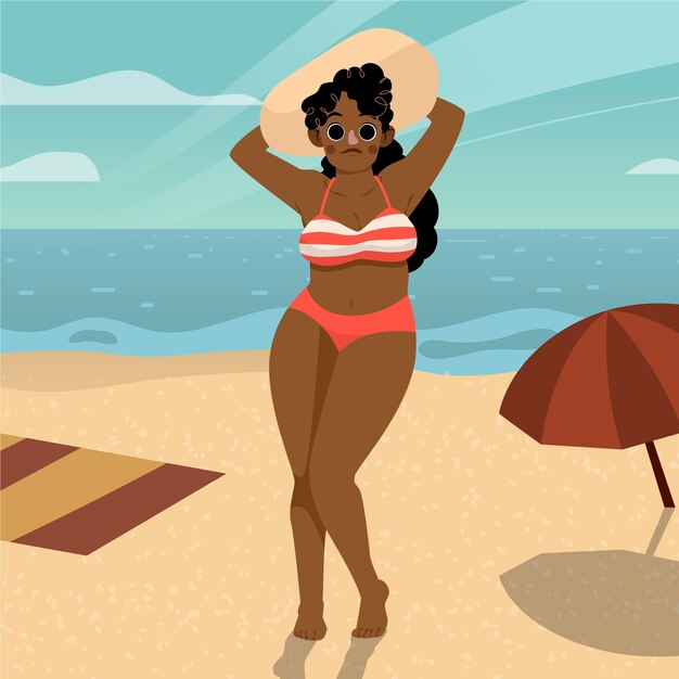 Chica de dibujos animados en bikini en la playa ilustración