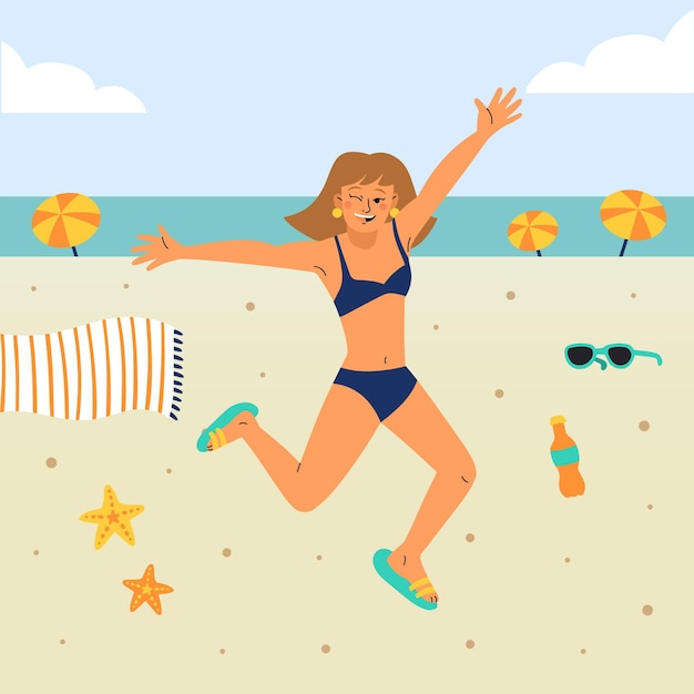 Chica de dibujos animados en bikini set ilustración