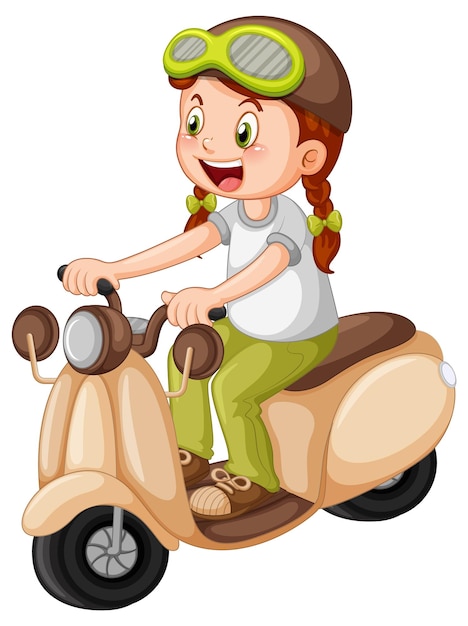 Vector gratuito chica de dibujos animados montando scooter sobre fondo blanco