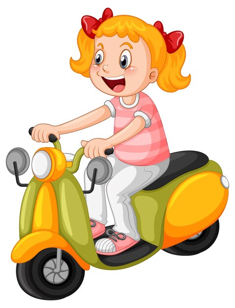 Chica de dibujos animados montando scooter sobre fondo blanco