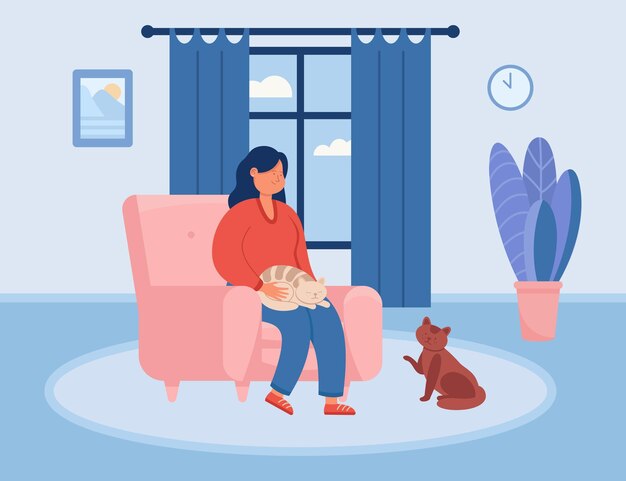 Chica de dibujos animados relajándose en una silla con gatos en casa. Escena acogedora, interior de la habitación, apartamento en una moderna ilustración de vector plano estilo hygge. Comodidad, concepto de mascotas para banner, diseño de sitio web o página de inicio