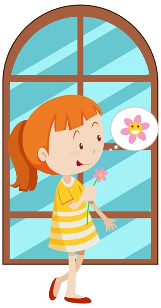 Chica de dibujos animados sosteniendo una flor rosa