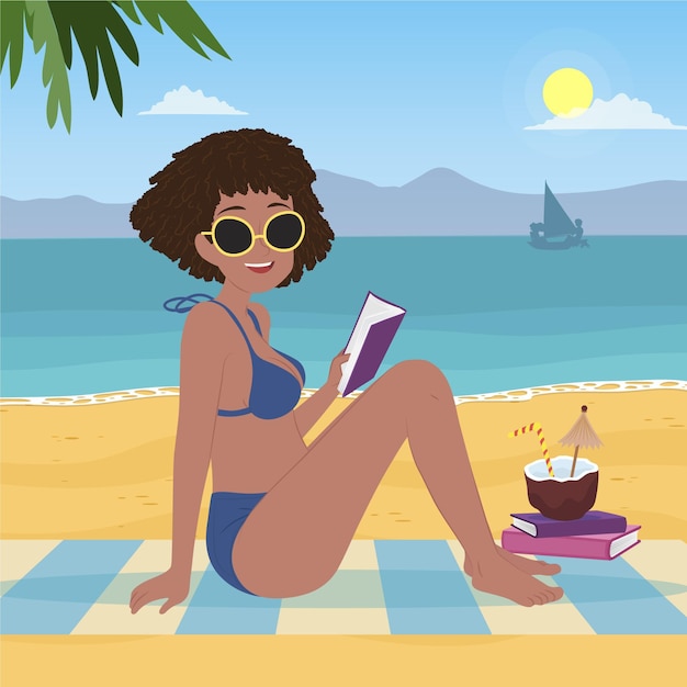 Chica de diseño plano en bikini en la ilustración de la playa