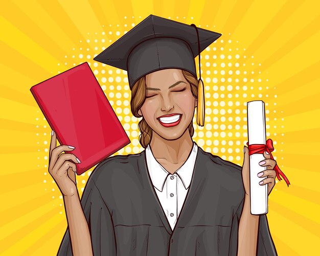 Chica estudiante graduada con diploma universitario en estilo pop art