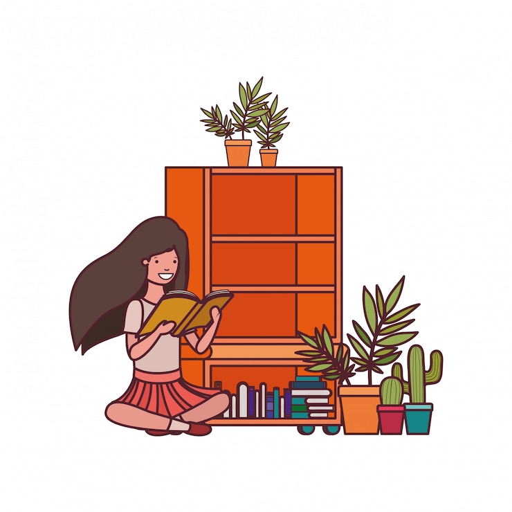Vector gratuito chica estudiante con libro de lectura en las manos