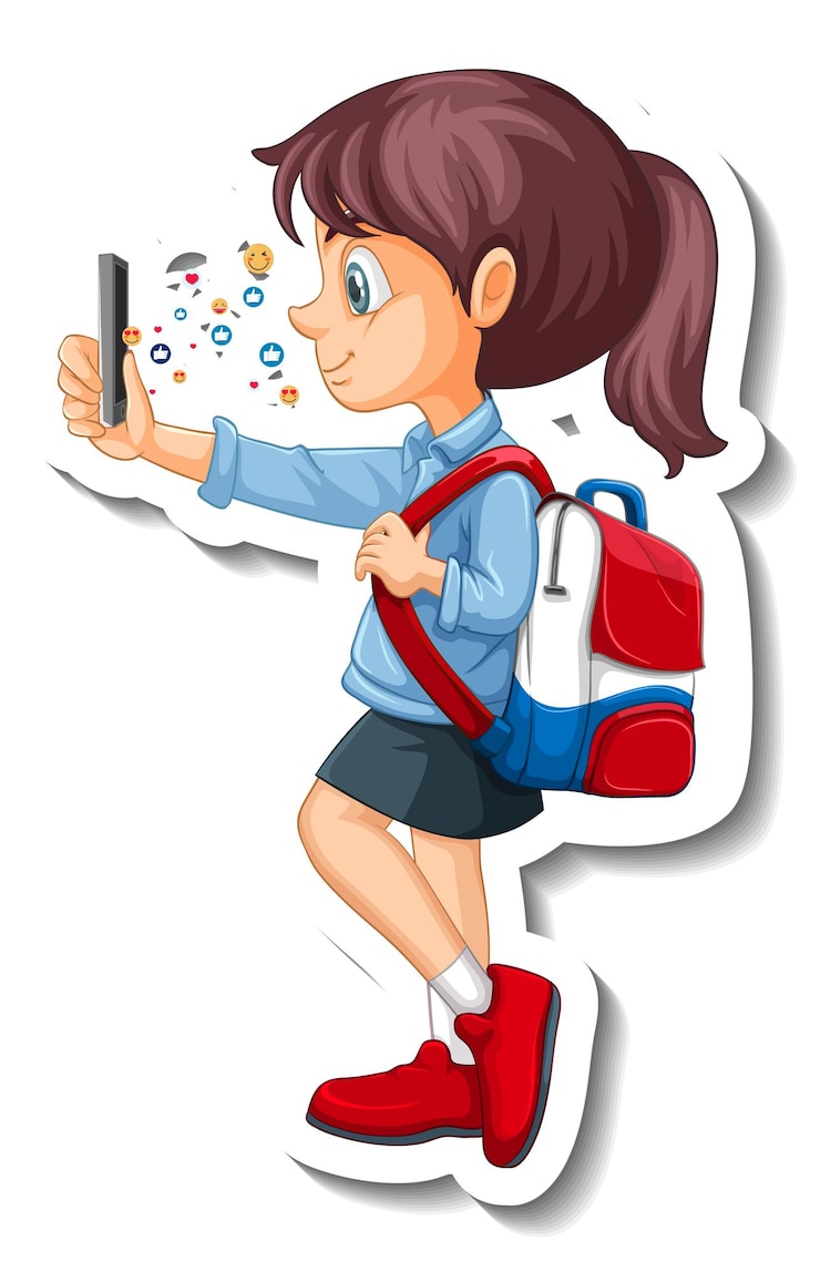 Vector gratuito una chica estudiante que usa una pegatina de personaje de dibujos animados de teléfono inteligente