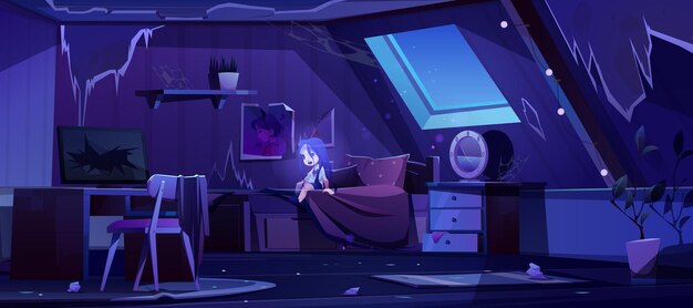 Chica fantasma en dormitorio antiguo en el ático por la noche