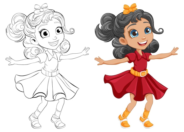 Vector gratuito chica feliz bailando personaje de dibujos animados y esquema para colorear páginas