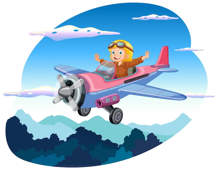 Vector gratuito chica feliz montando avión en el cielo