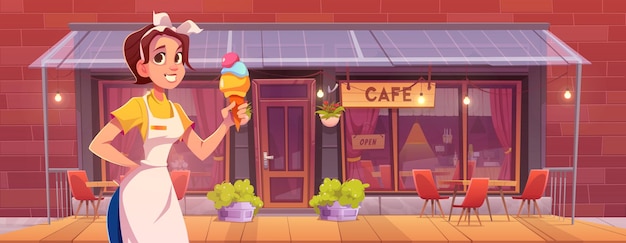 Vector gratuito chica fuera de la cafetería de la calle con helado vector ilustración mujer chef en la terraza del restaurante con mesa y silla cafetería urbana exterior dibujos animados panorama entrada frontal de la tienda al bistró público