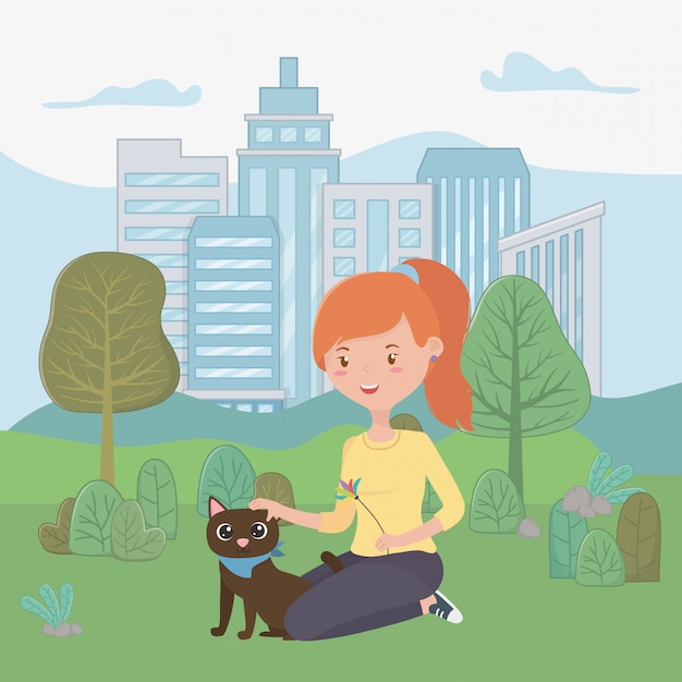 Vector gratuito chica con gato de dibujos animados