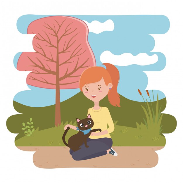 Chica con gato de dibujos animados