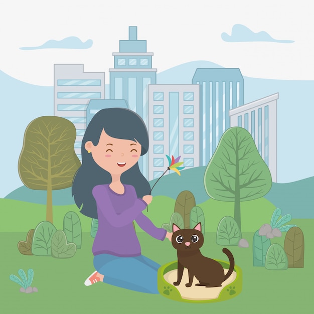 Vector gratuito chica con gato de dibujos animados