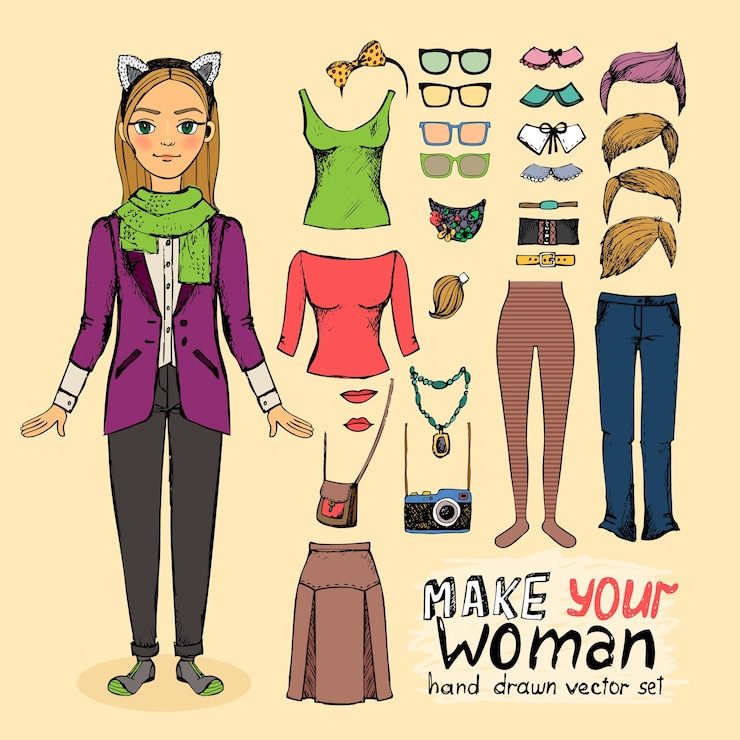 Vector gratuito chica guapa hipster con accesorios: peinados gafas jabot