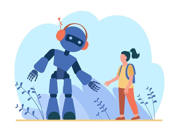 Chica hablando con robot. Humanoide, cyborg, máquina ilustración plana.